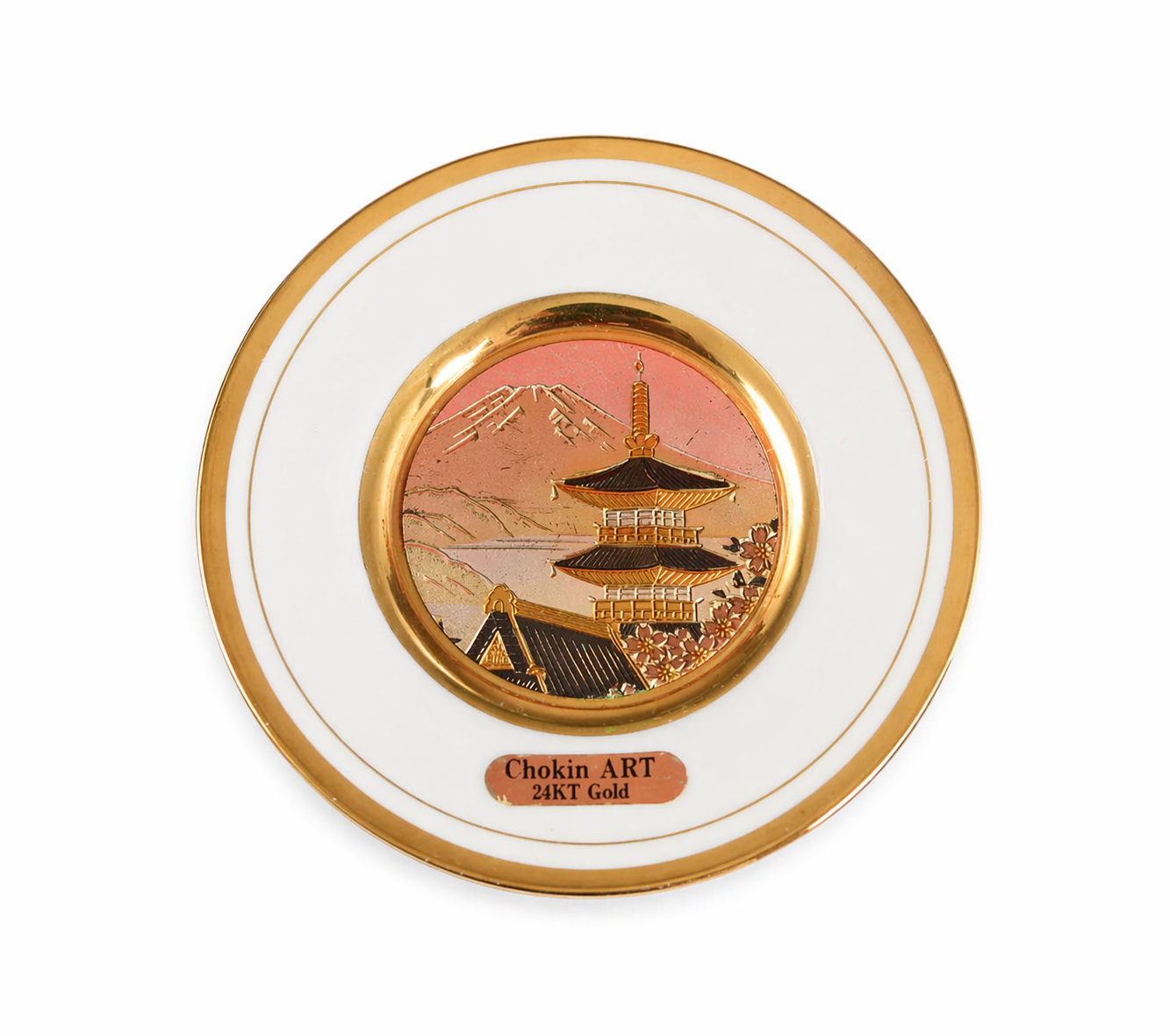 Chokin Plate – Temple & Mountain Scene | 24KT Gold Gilded | Japanese Decorative Collectible