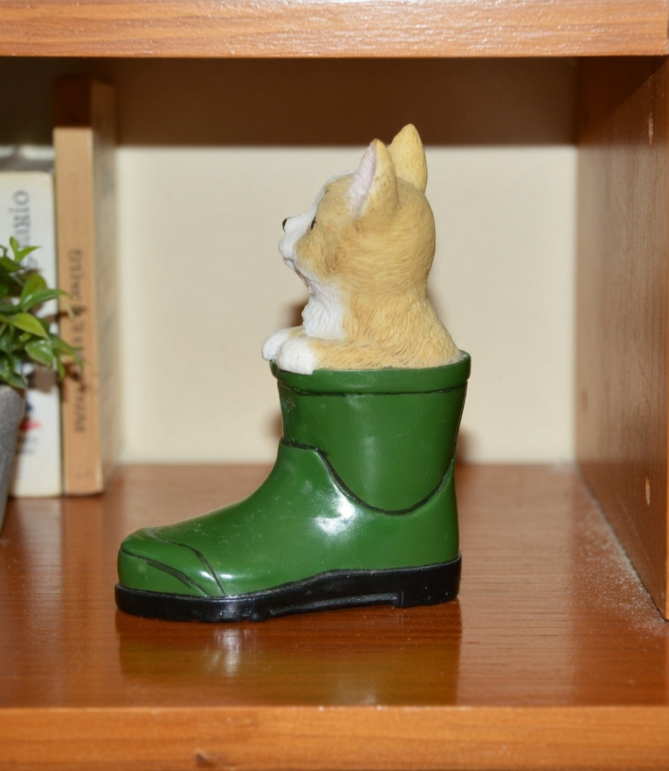 Miniature Cat and Dog in Green Welly Figurines – Vintage Animal Ornament Set
