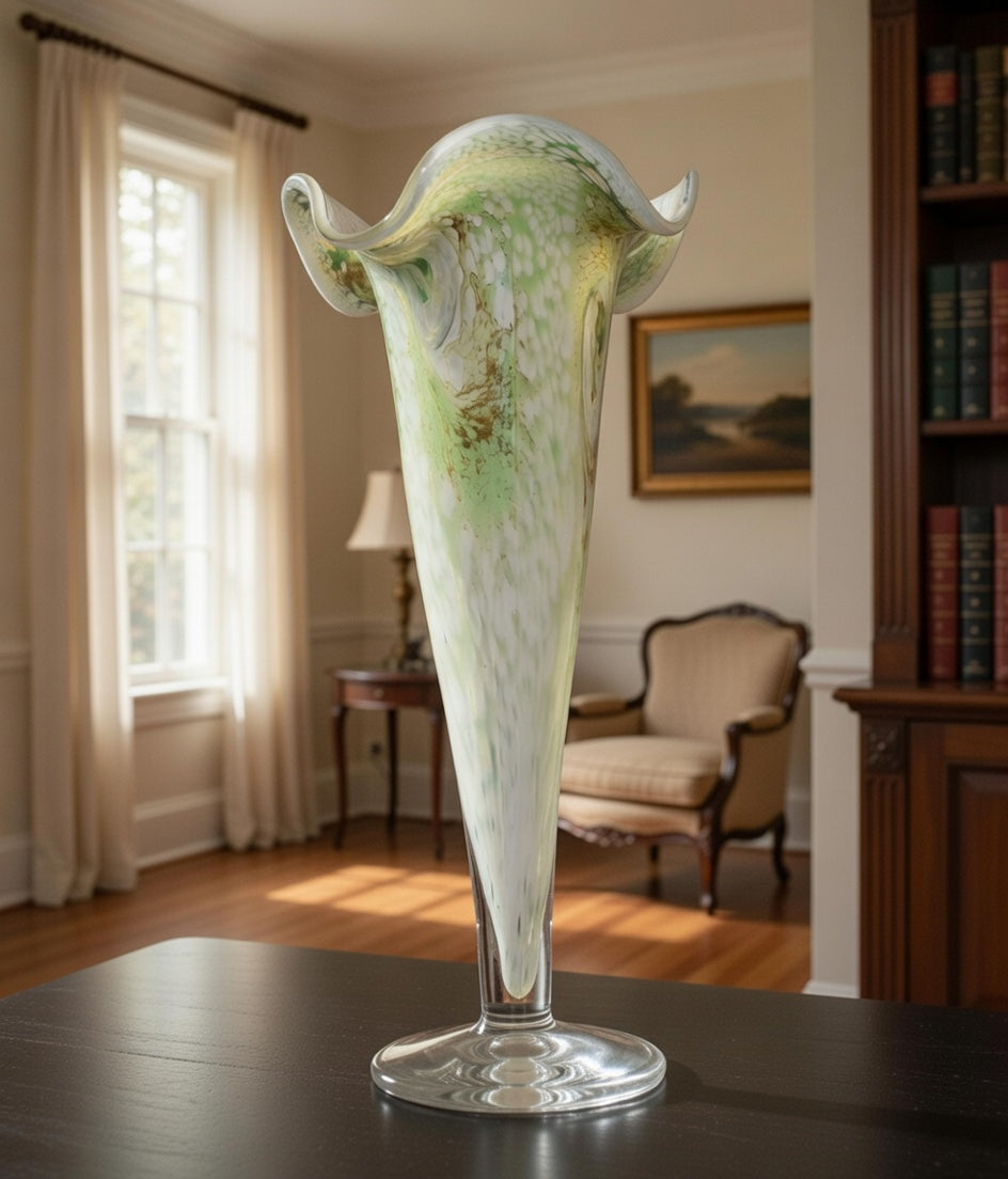 Vintage Art Glass Trumpet Vase – Green White & Brown Abstract Ruffled Rim Glass Vase