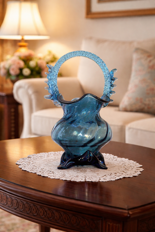 Sapphire Blue Art Glass Basket with Twisted Handle – Collectible Vase