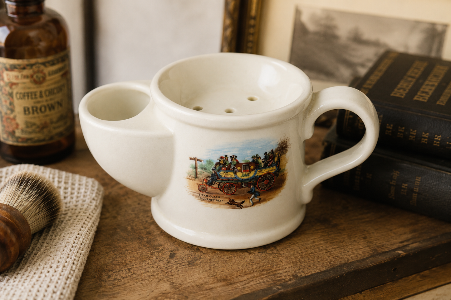 Vintage Shaving Mug Steam Coach Gurney 1827 Made in England Heavily Crazed