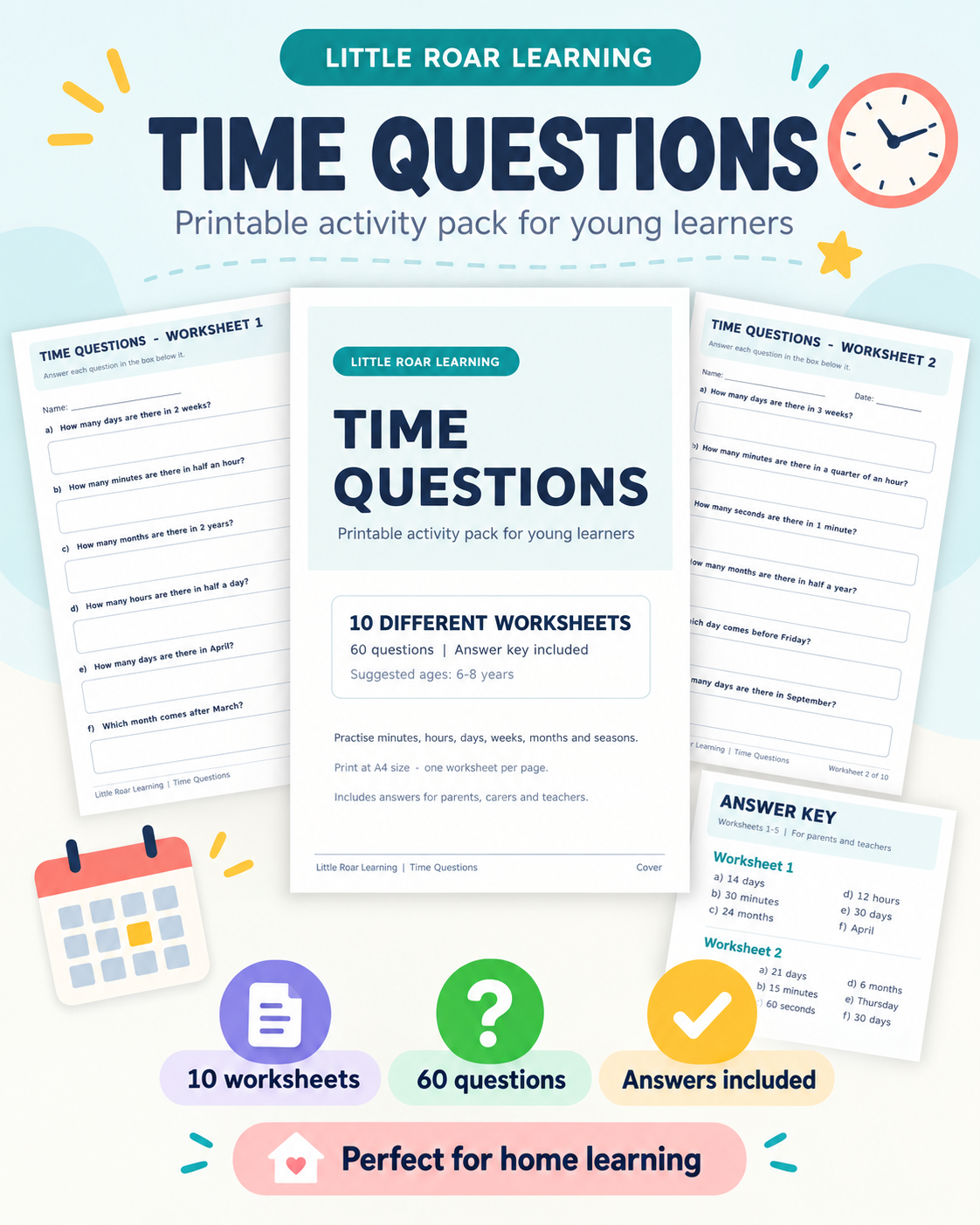 Time Questions Worksheets for Kids – 10 Printable Activities PDF | Little Roar Learning