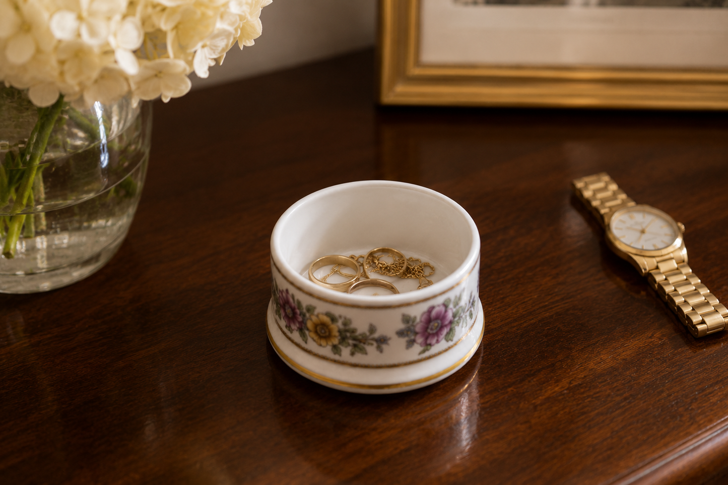 Bone China Staffordshire Trinket Pot – White with Floral Design