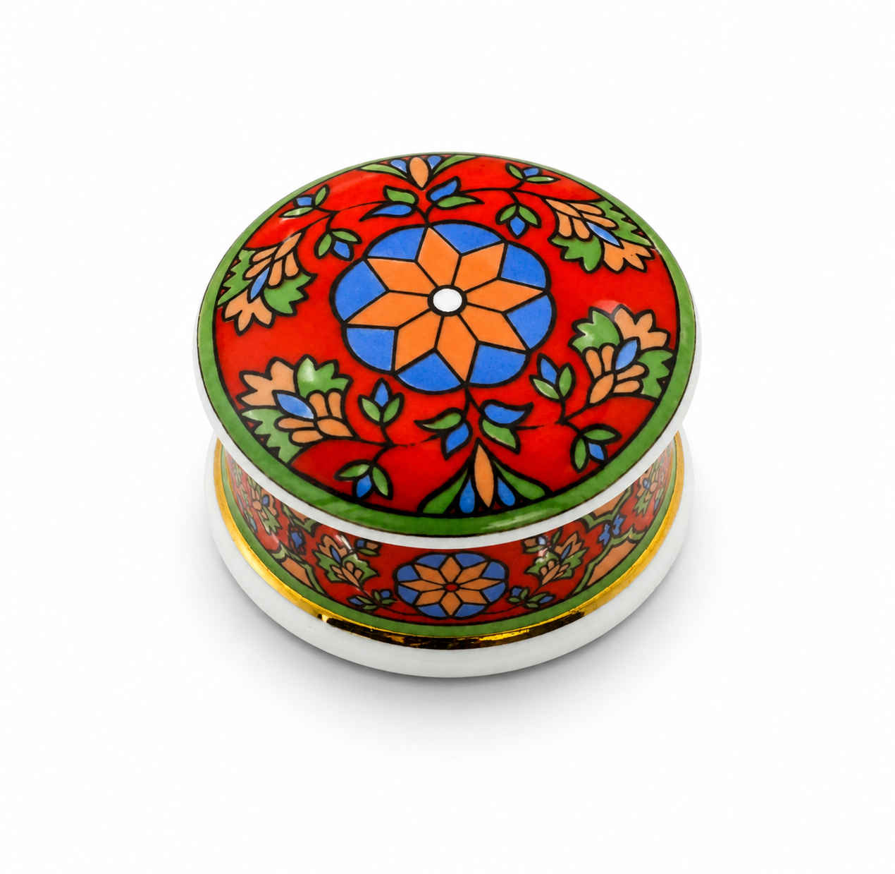 STAFFORDSHIRE TRINKET POT RED WITH FLORAL DESIGN