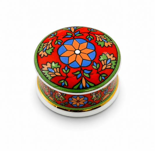 STAFFORDSHIRE TRINKET POT RED WITH FLORAL DESIGN