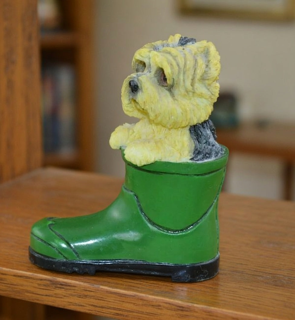 Miniature Cat and Dog in Green Welly Figurines – Vintage Animal Ornament Set