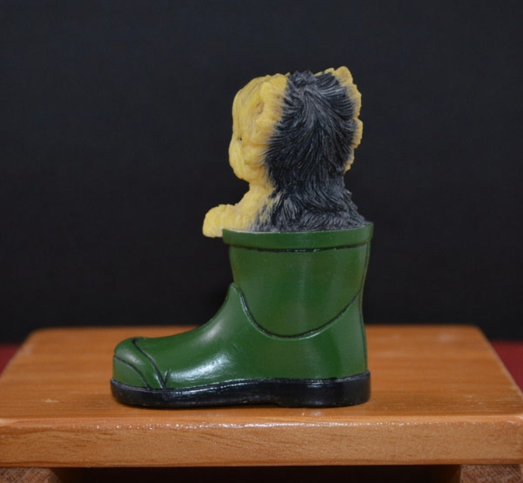 Miniature Cat and Dog in Green Welly Figurines – Vintage Animal Ornament Set