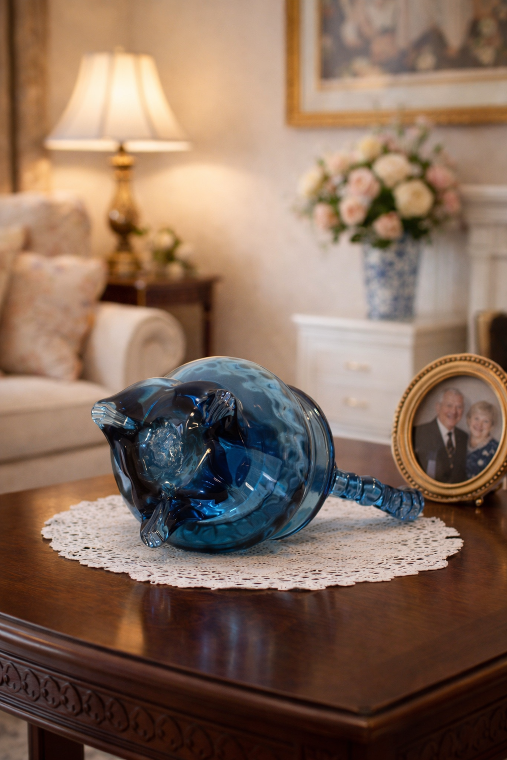 Sapphire Blue Art Glass Basket with Twisted Handle – Collectible Vase