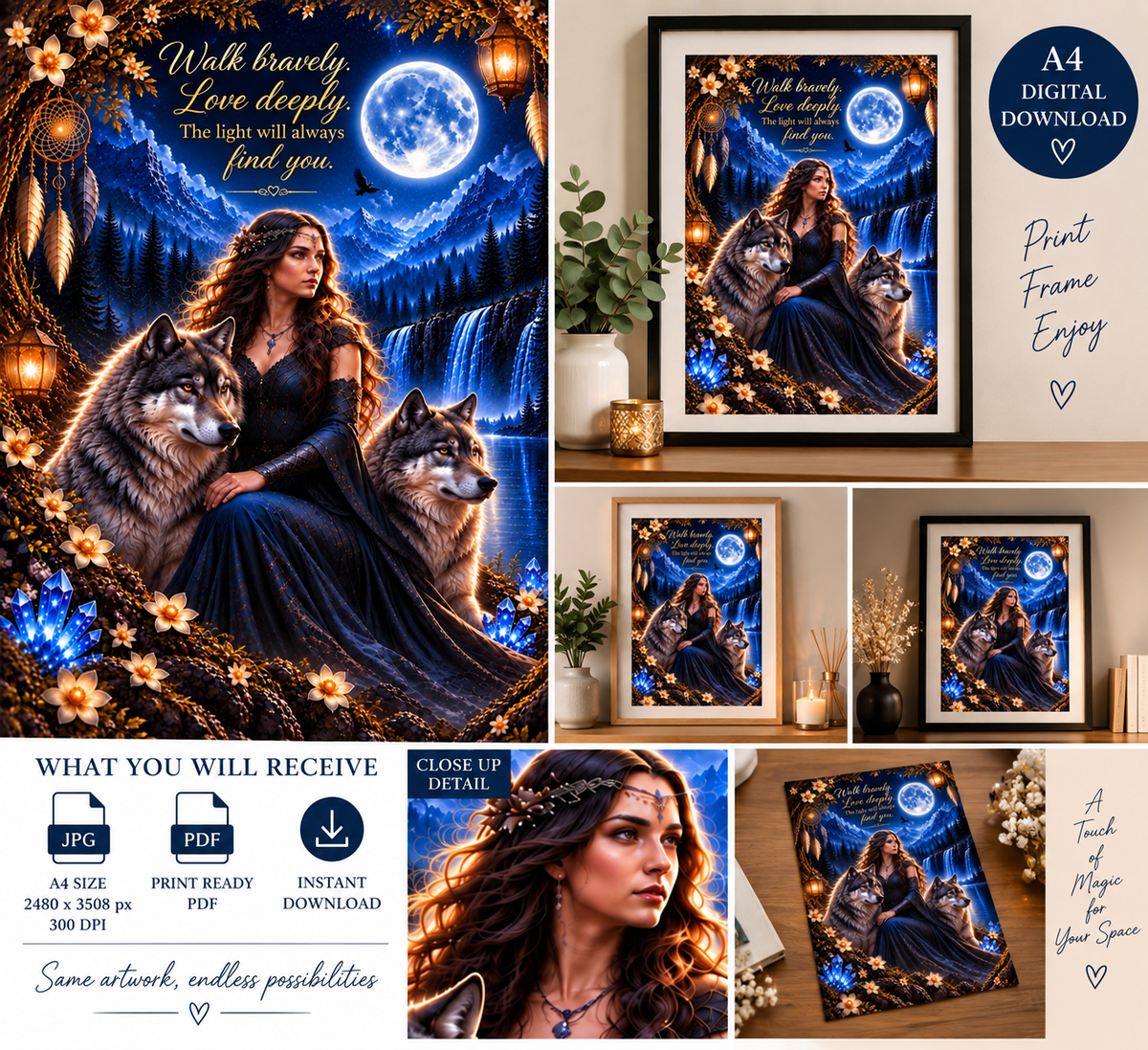 Moonlight Guardians – Walk Bravely, Love Deeply Fantasy Wolf Wall Art