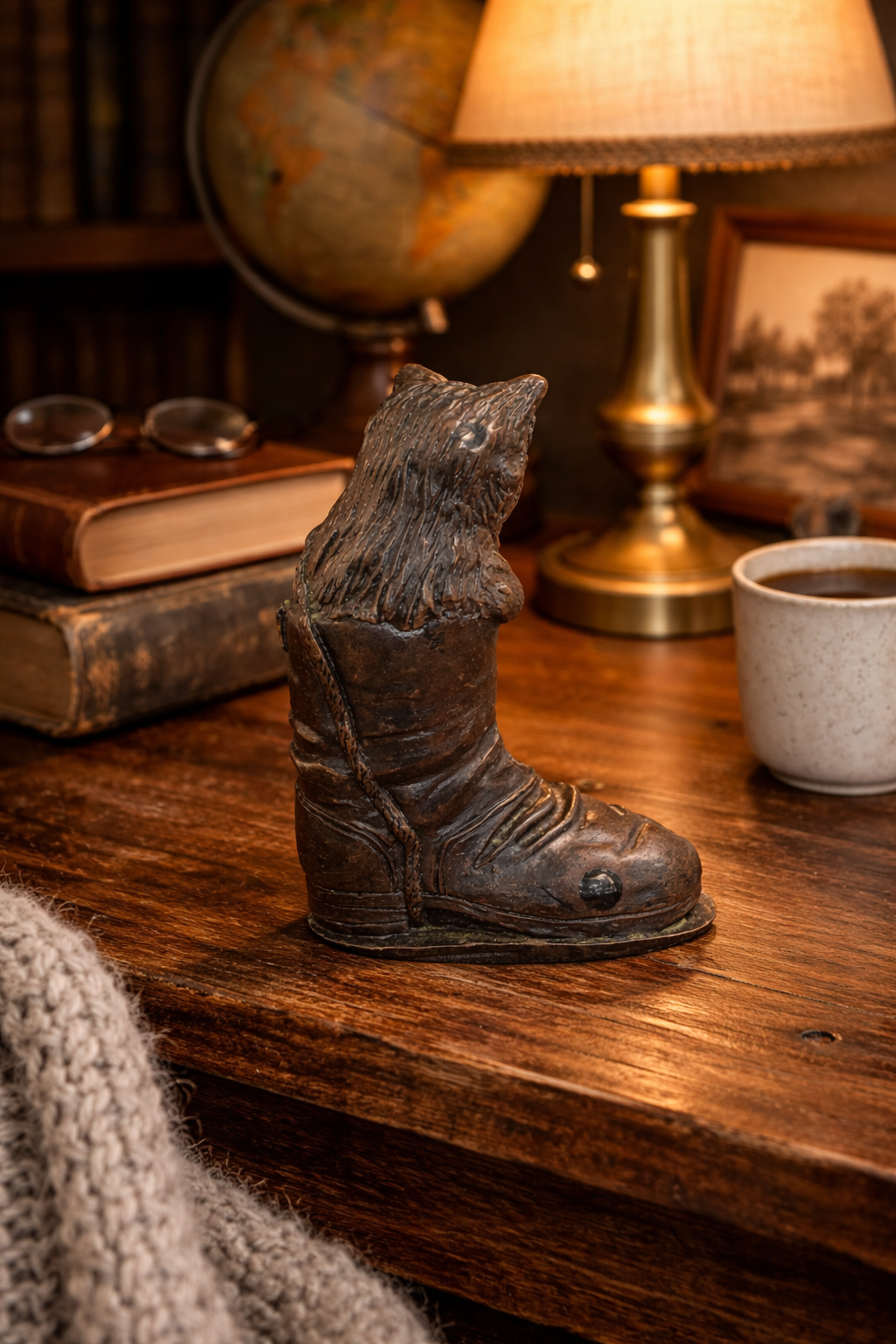 Vintage Brown Cat in Boot Figurine – Collectible Animal Ornament – Good Condition