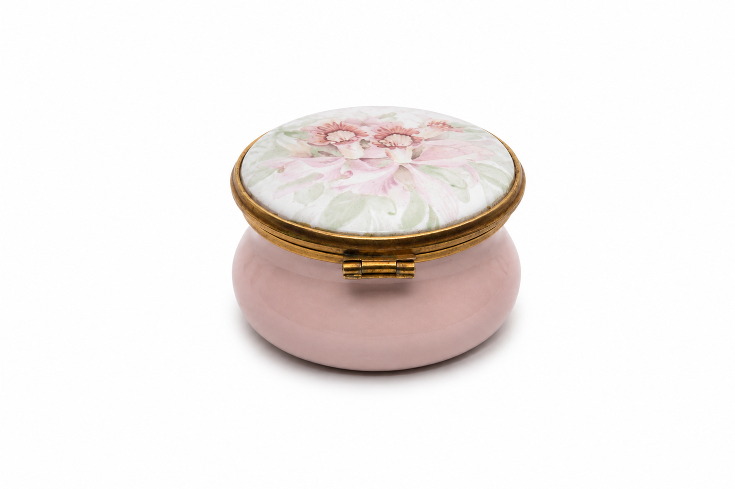 Kingsley Enamels Worcestershire Hinged Pink Trinket Pot with Lilies
