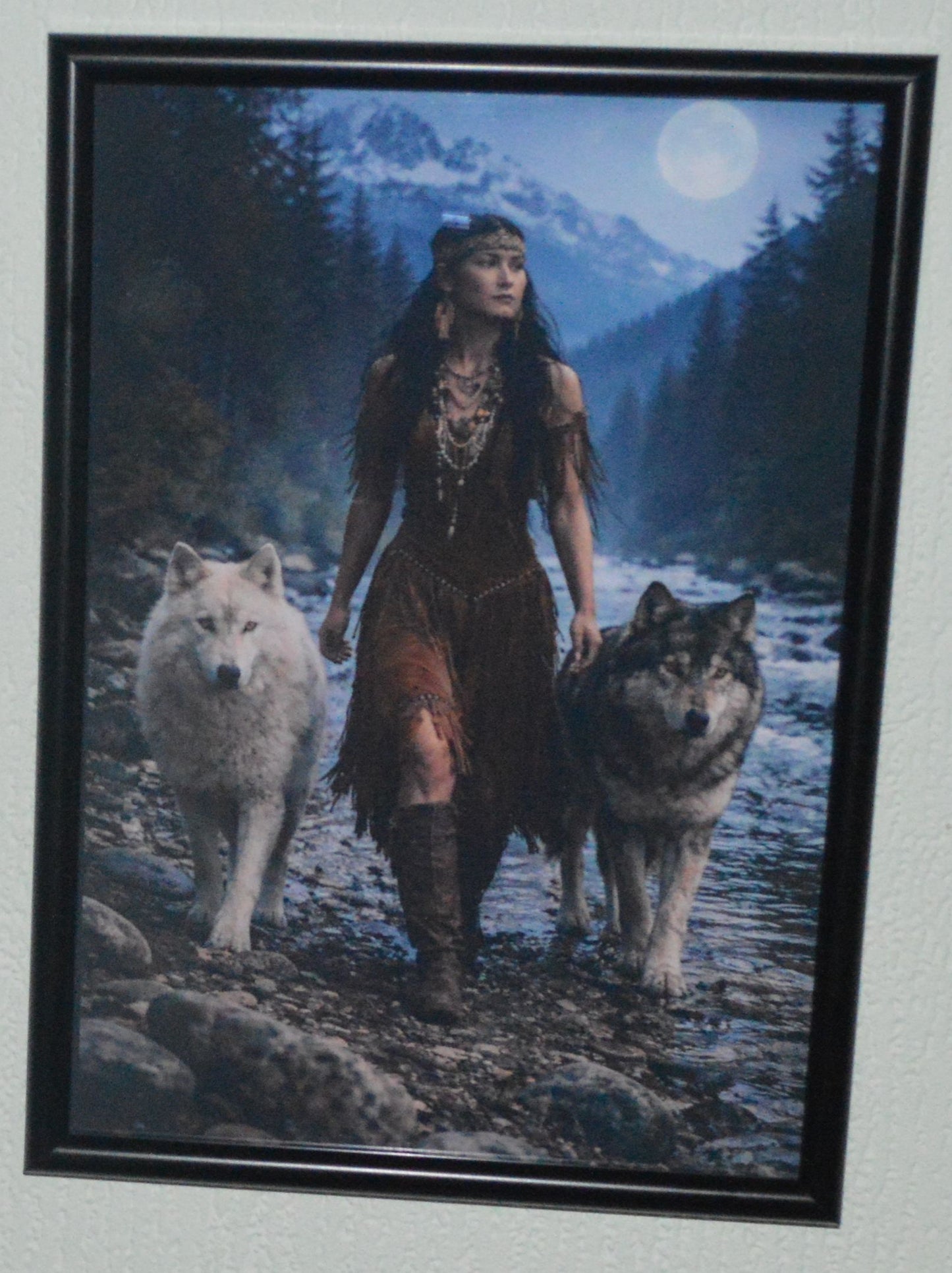 Framed Fantasy Wall Art – Woman with Wolves Moonlit Forest Print Black Frame