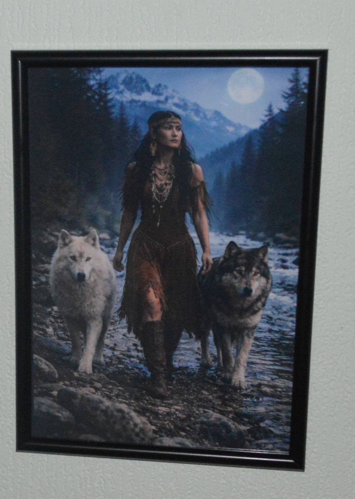 Framed Fantasy Wall Art – Woman with Wolves Moonlit Forest Print Black Frame