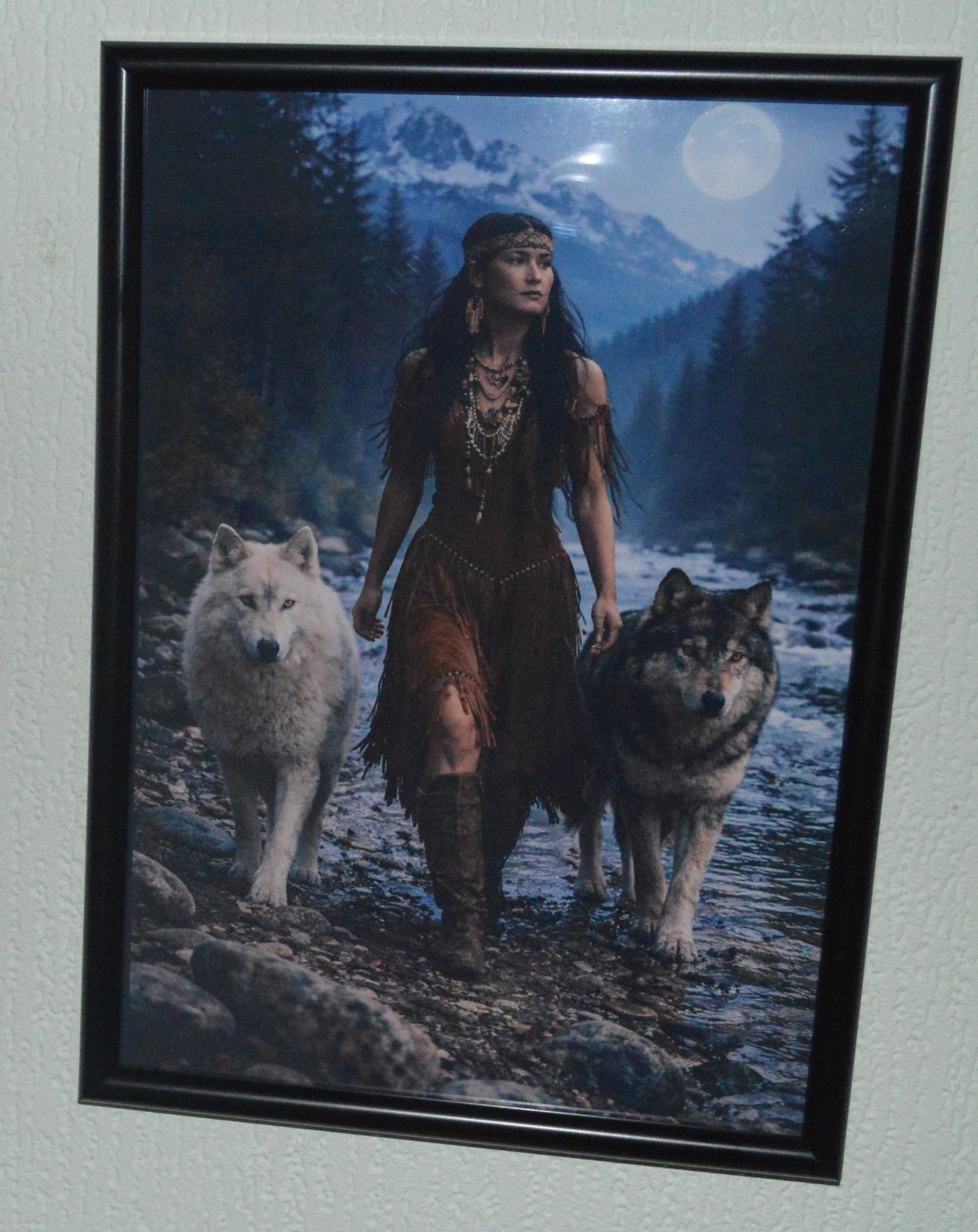 Framed Fantasy Wall Art – Woman with Wolves Moonlit Forest Print Black Frame