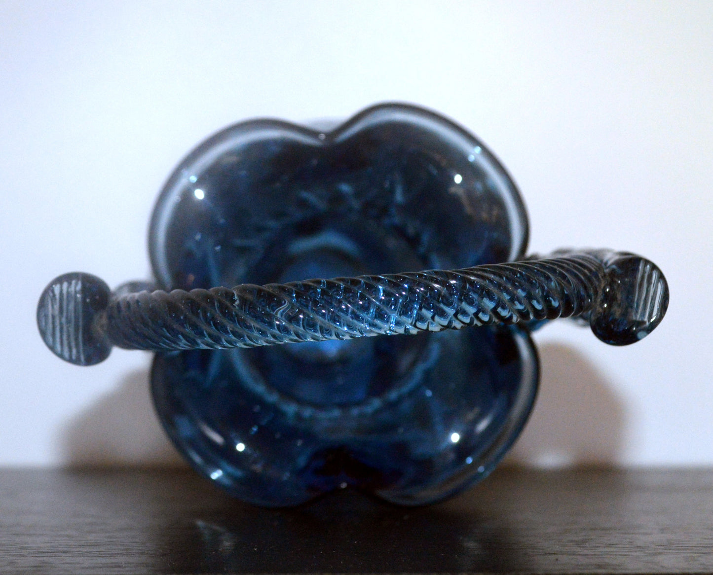Captivating Sapphire Art Glass Basket – Twisted Handle Treasure