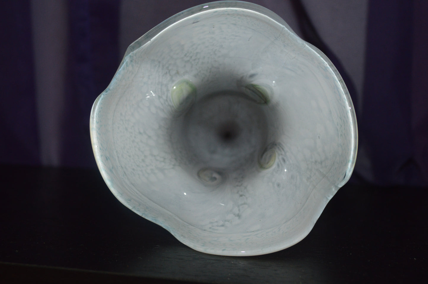 Vintage Art Glass Trumpet Vase – Green White & Brown Abstract Ruffled Rim Glass Vase