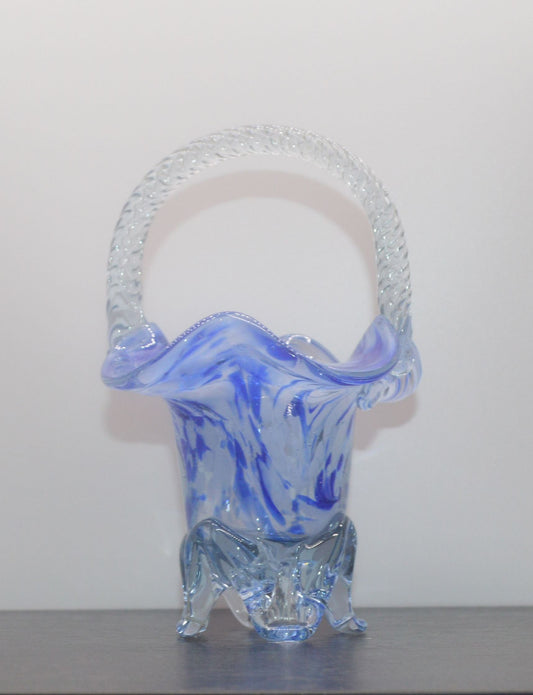 MURANO STYLE BLUE AND WHITE ART GLASS BASKET