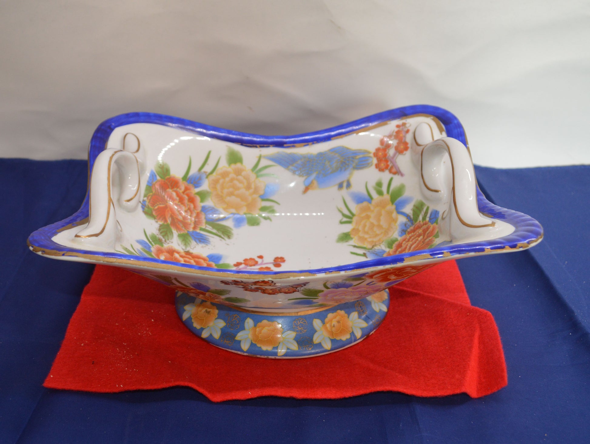 Chinese Style Two-Handled Rectangular Form Heavy Pottery Basket - Floral Design - TMD167207