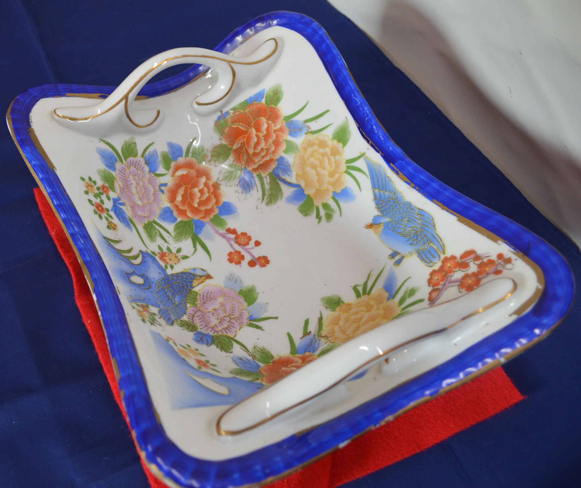 Chinese Style Two-Handled Rectangular Form Heavy Pottery Basket - Floral Design - TMD167207