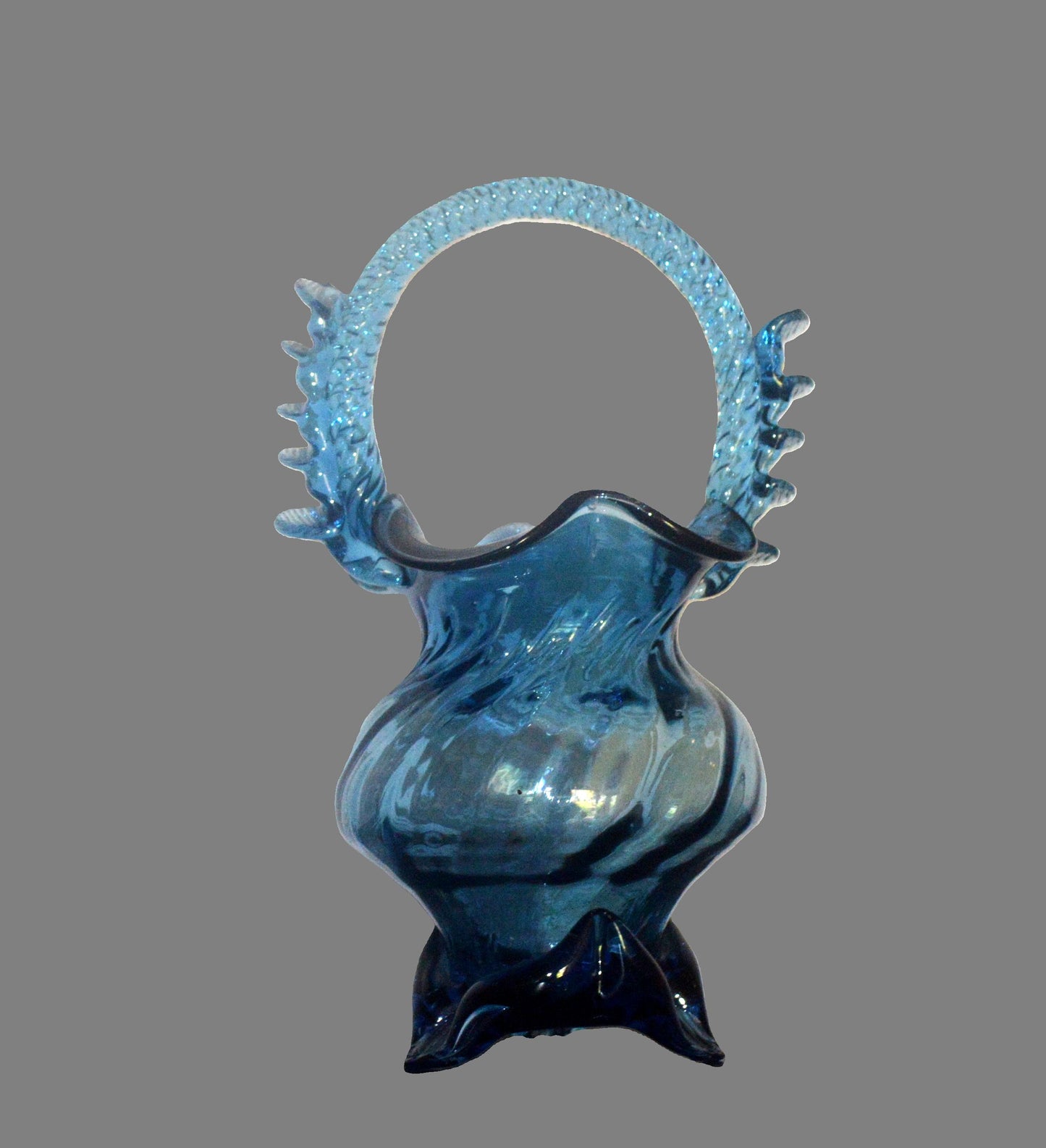 Captivating Sapphire Art Glass Basket – Twisted Handle Treasure