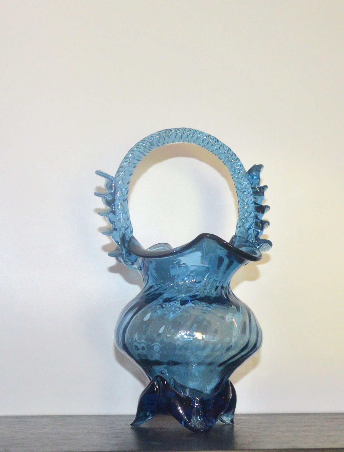 Captivating Sapphire Art Glass Basket – Twisted Handle Treasure