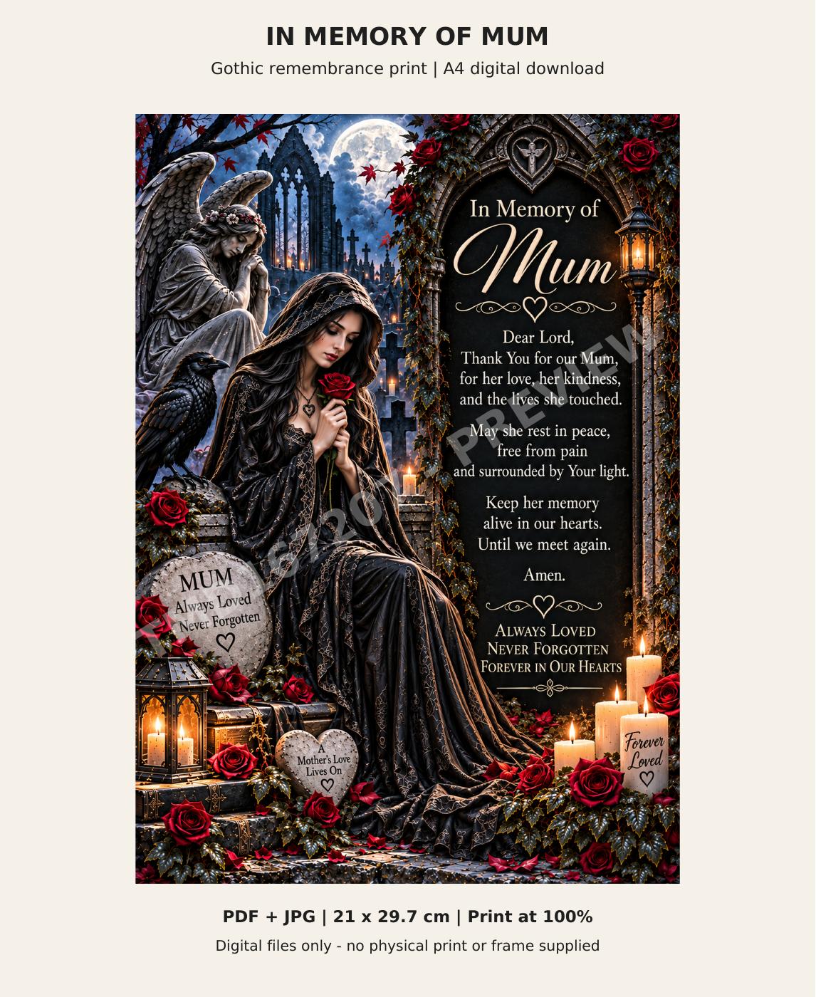 In Memory of Mum – Gothic Memorial Prayer Print | A4 Digital Download