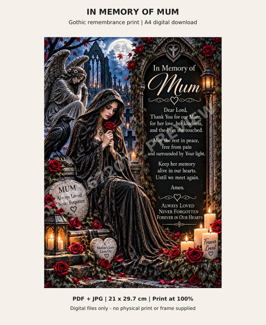 In Memory of Mum – Gothic Memorial Prayer Print | A4 Digital Download
