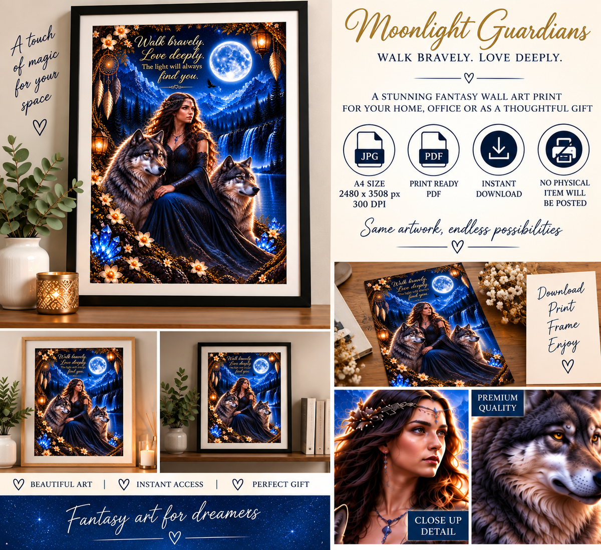 Moonlight Guardians – Walk Bravely, Love Deeply Fantasy Wolf Wall Art