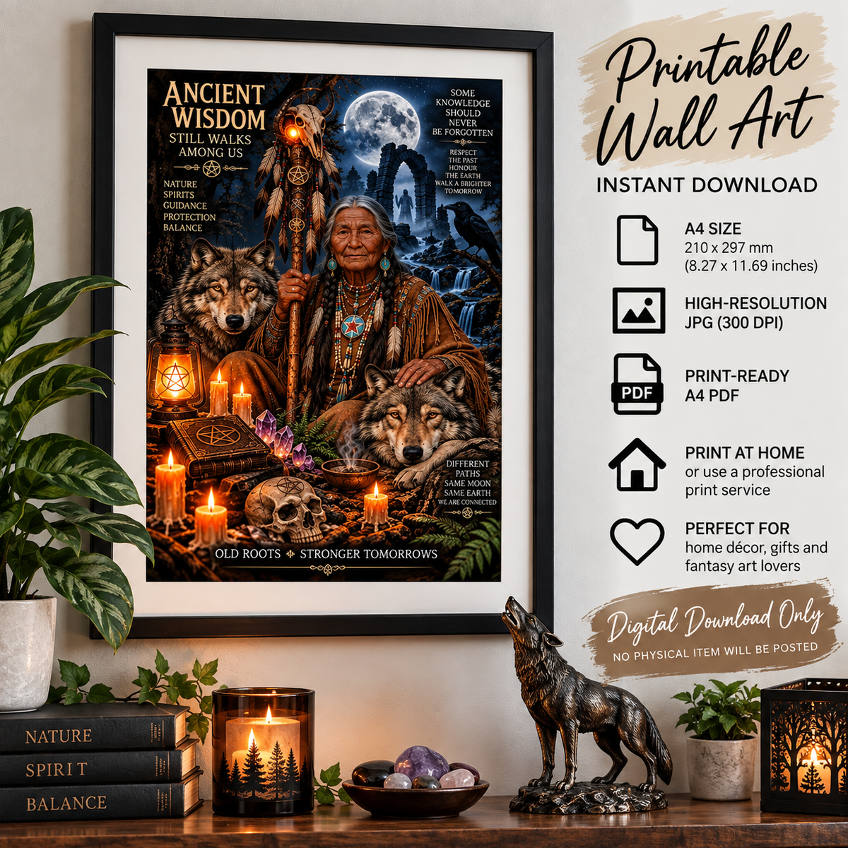 Ancient Wisdom & Wolves Mystical Wall Art – A4 Printable Digital Download
