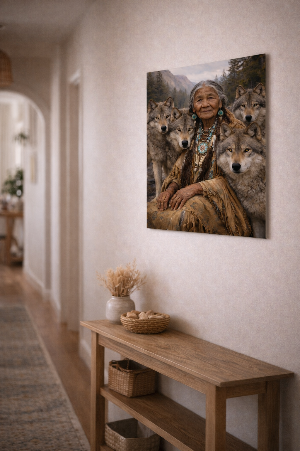 Spirit of the Wolf Guardian – Indigenous Wisdom & Nature Canvas Wall Art
