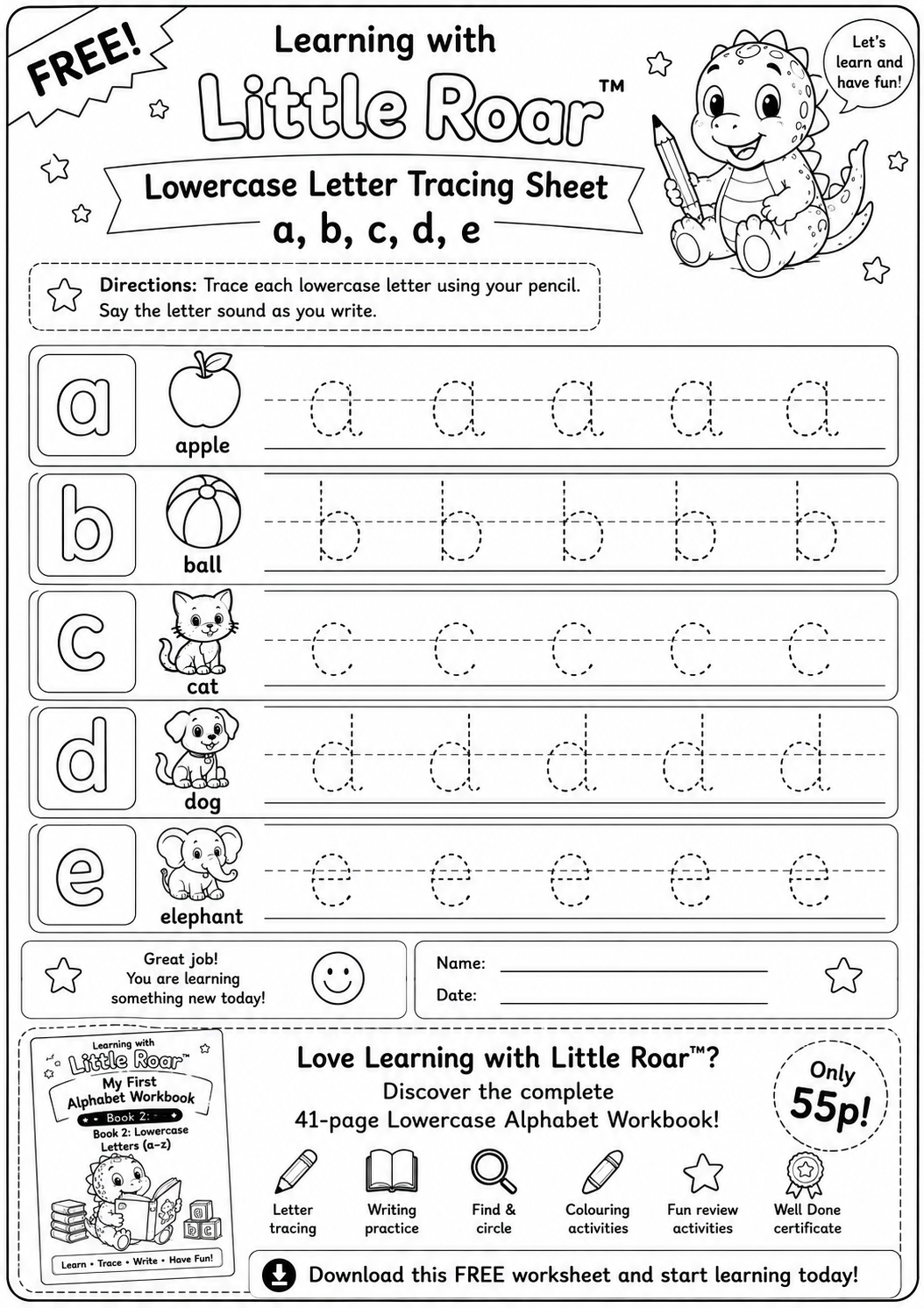 FREE Little Roar™ Lowercase Letter Tracing Sheet – a, b, c, d, e | Printable PDF