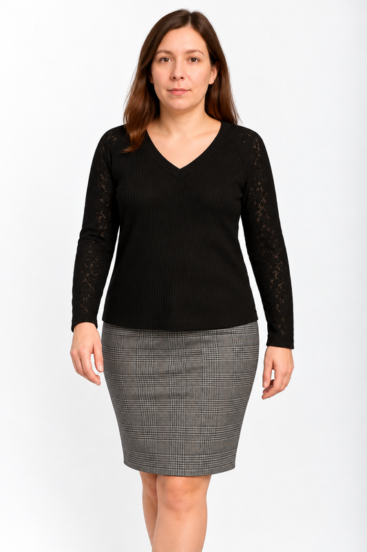 Blooming Jelly women's black ribbed V-neck lace sleeve top Size M