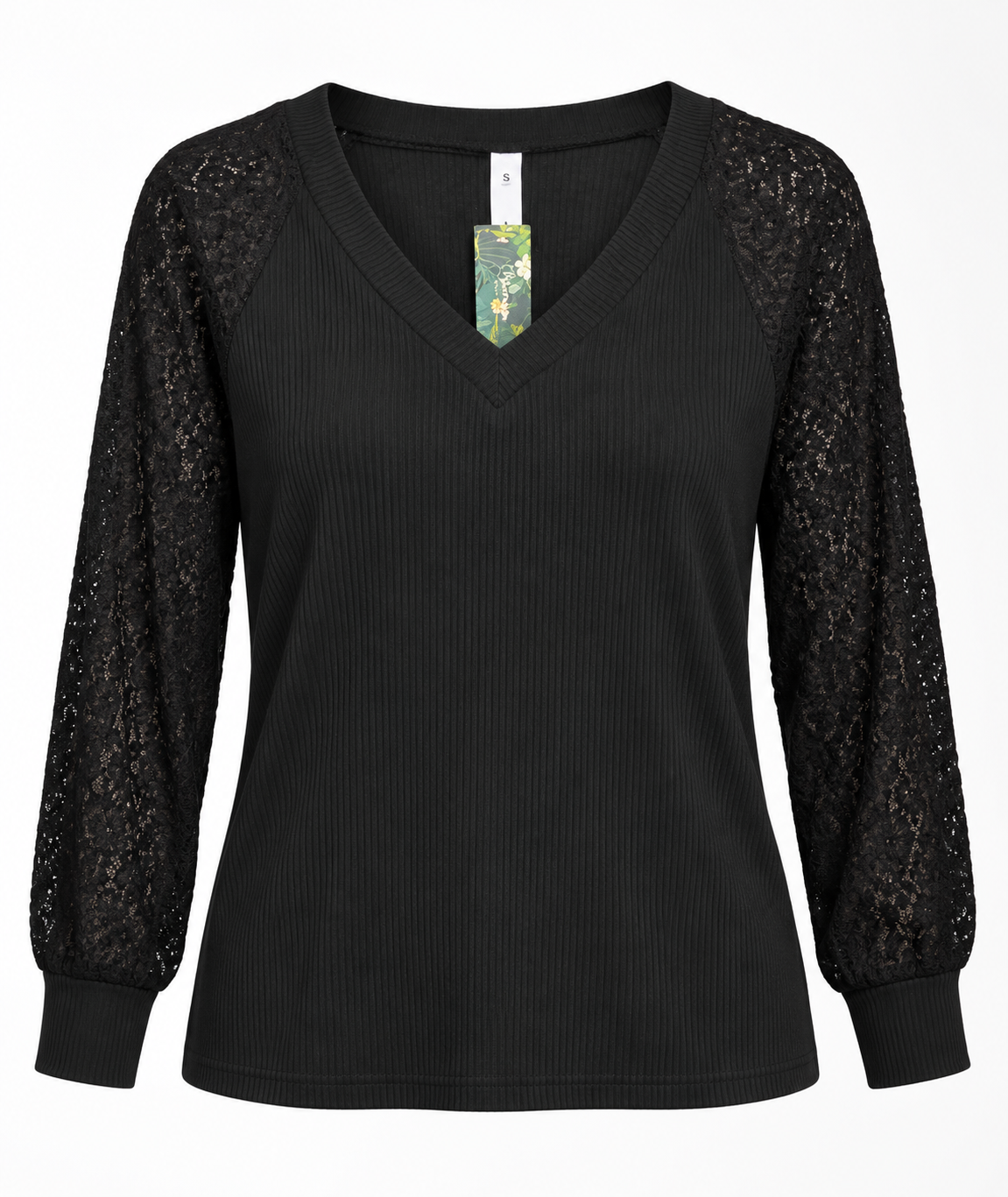 Blooming Jelly women's black ribbed V-neck lace sleeve top front view Size M