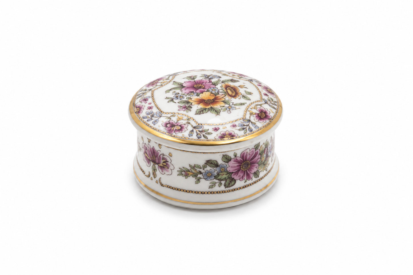 Vintage bone china Staffordshire trinket pot with floral decoration, white porcelain body, and gold trim, small decorative keepsake or jewellery box with lid.
