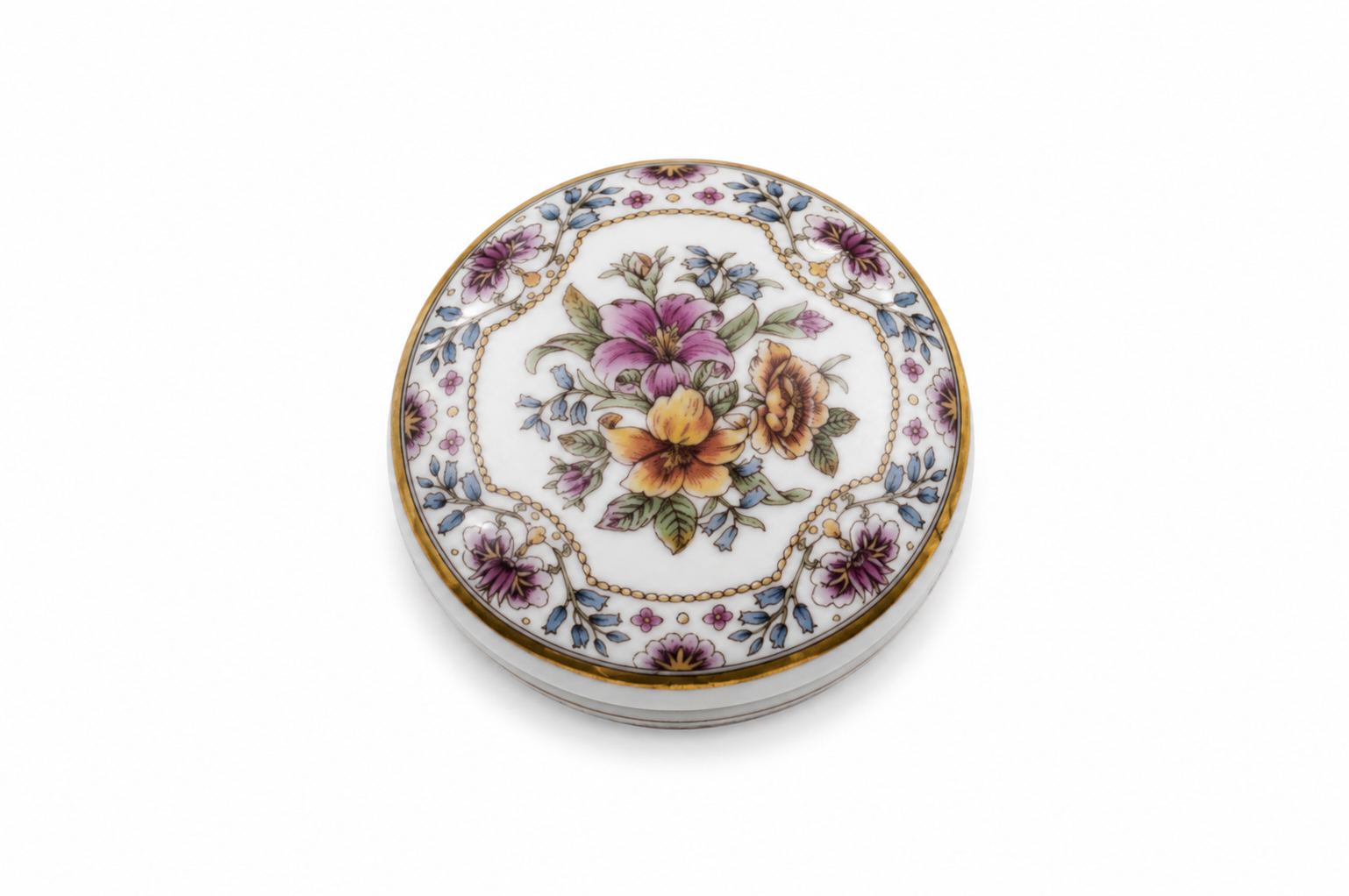 Vintage bone china Staffordshire trinket pot with floral pattern, white porcelain finish, and gold trim lid, decorative jewellery keepsake box.
