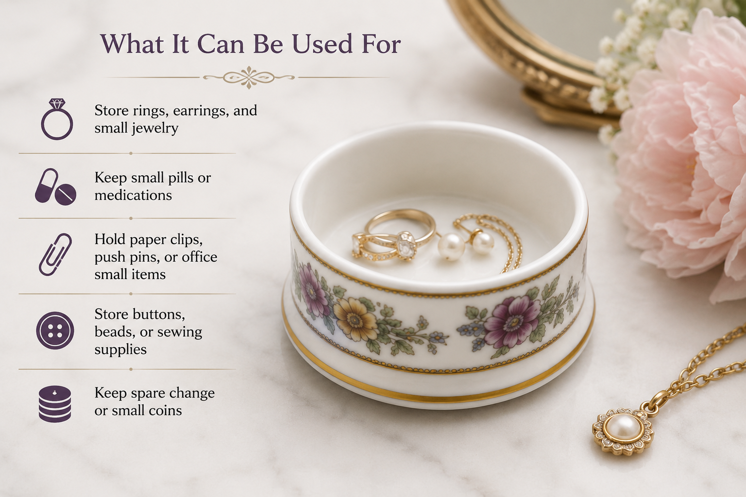 Vintage bone china trinket pot with floral design and gold trim, styled as a jewellery holder with rings and earrings inside, showing decorative storage use ideas.