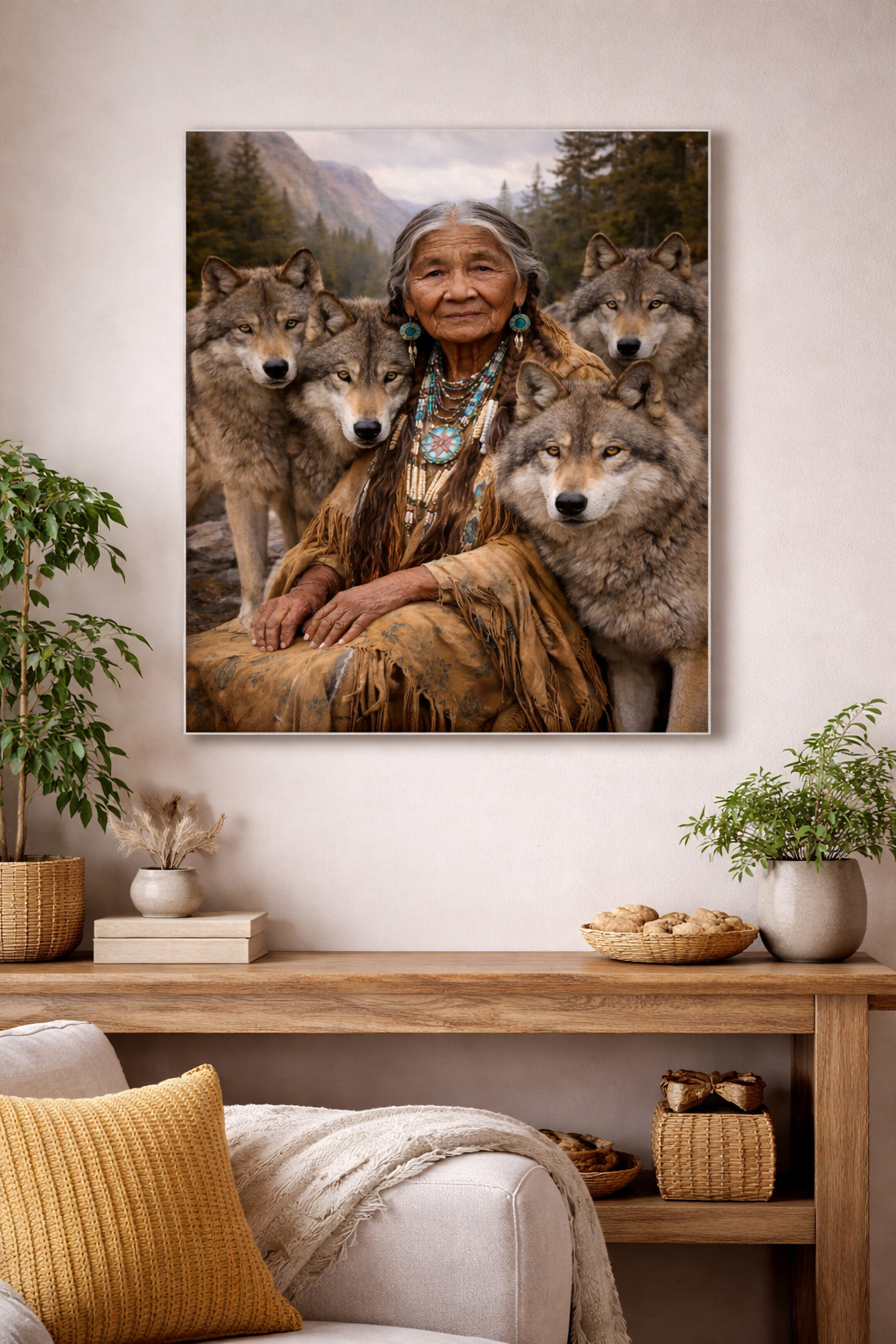 Spirit of the Wolf Guardian – Indigenous Wisdom & Nature Canvas Wall Art