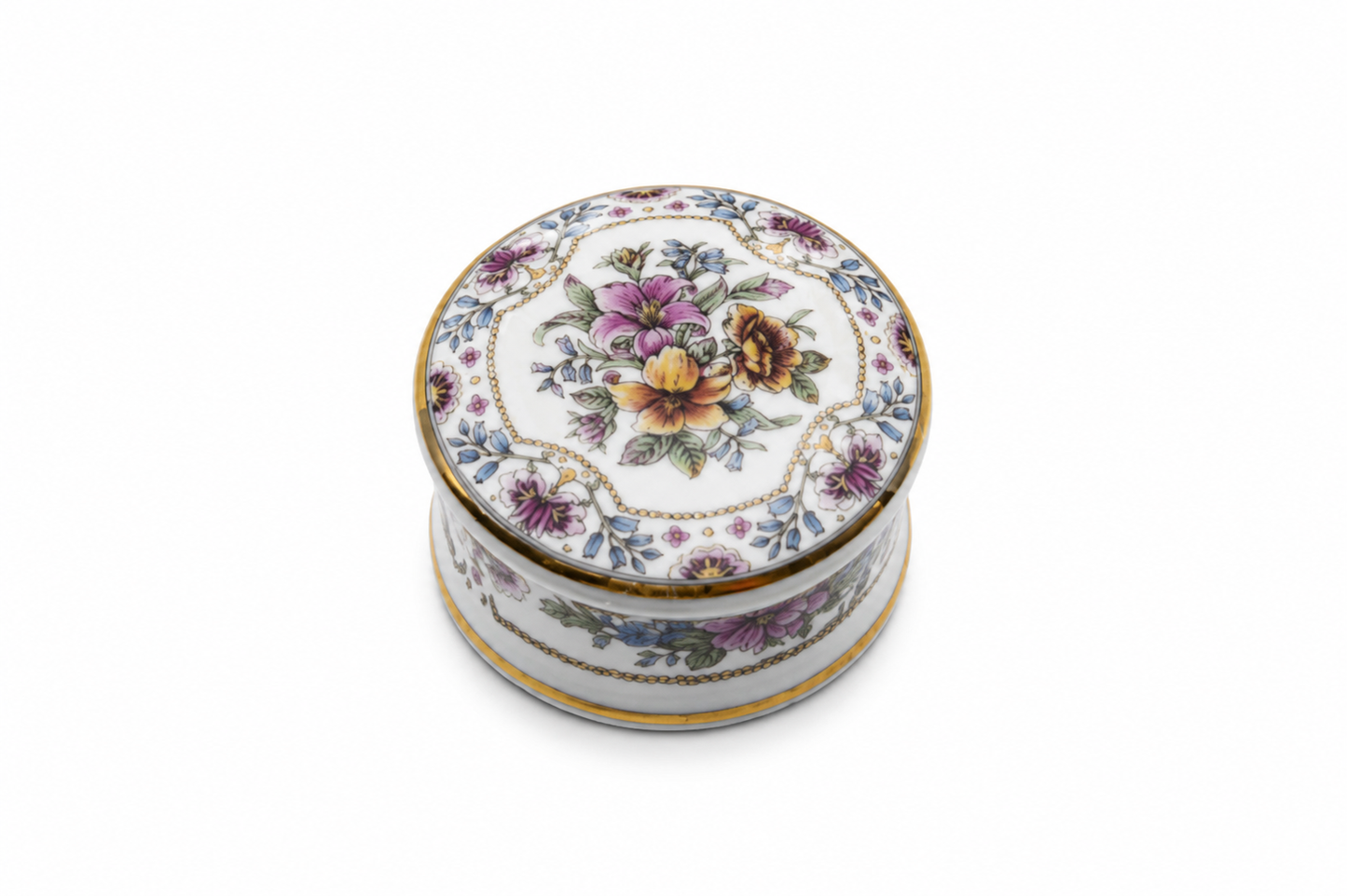 Bone China Staffordshire Trinket Pot – White with Floral Design