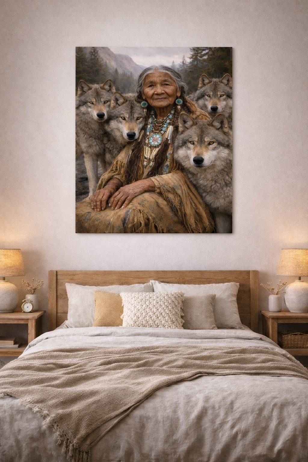 Spirit of the Wolf Guardian – Indigenous Wisdom & Nature Canvas Wall Art