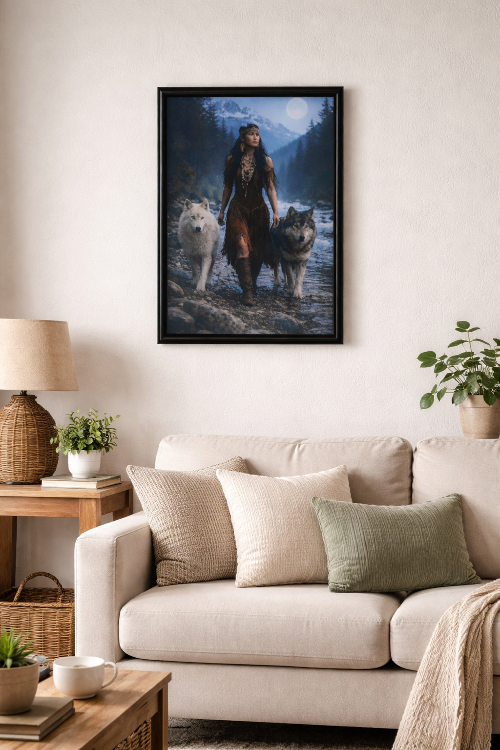 Framed Fantasy Wall Art – Woman with Wolves Moonlit Forest Print Black Frame