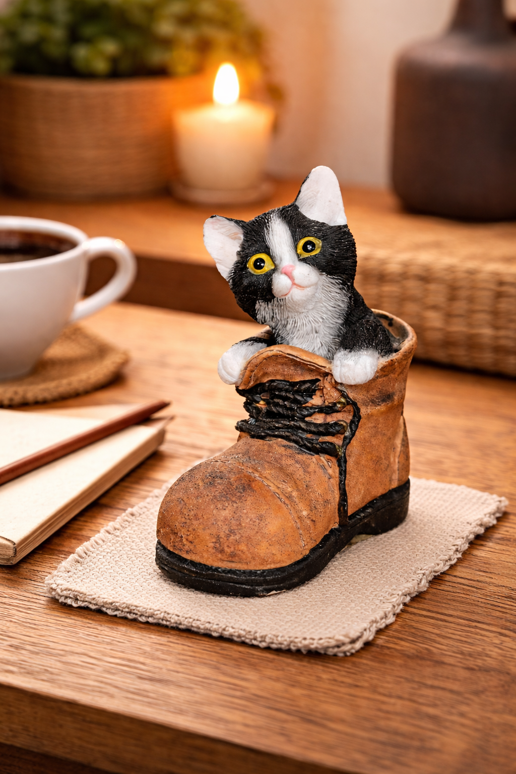 Elgate Black and White Cat in a Boot Figurine