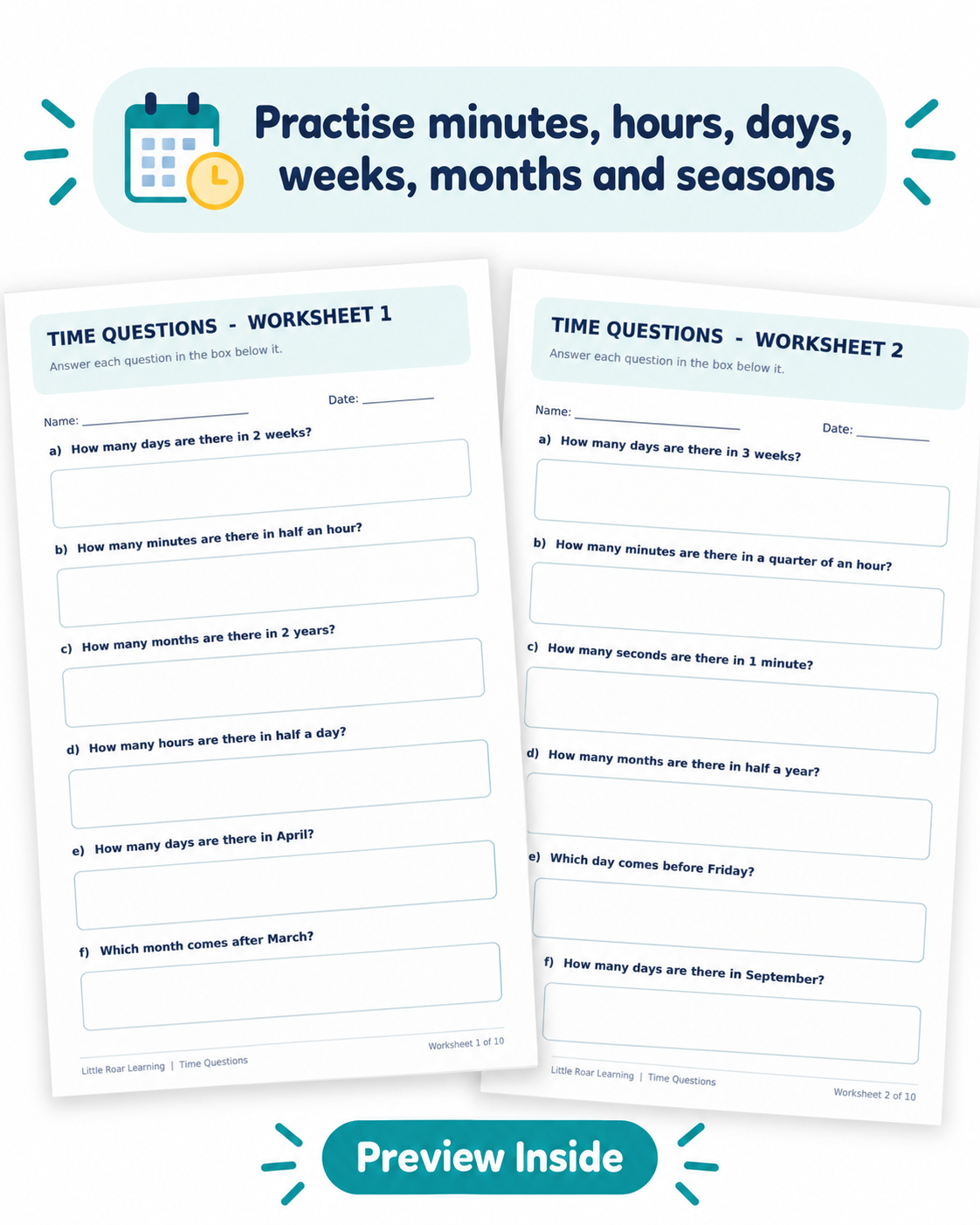 Time Questions Worksheets for Kids – 10 Printable Activities PDF | Little Roar Learning
