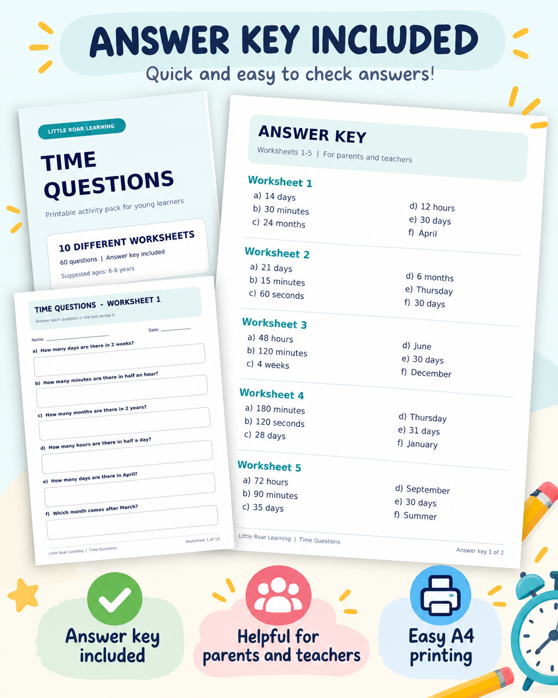 Time Questions Worksheets for Kids – 10 Printable Activities PDF | Little Roar Learning