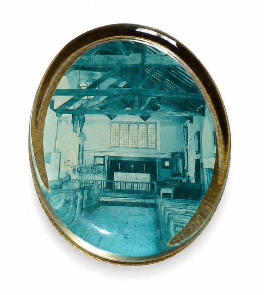 Vintage Oval Glass Paperweight Church Interior Picture Collectible