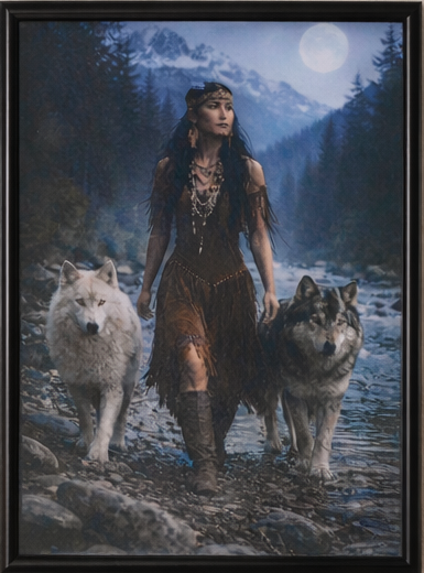 Framed Fantasy Wall Art – Woman with Wolves Moonlit Forest Print Black Frame