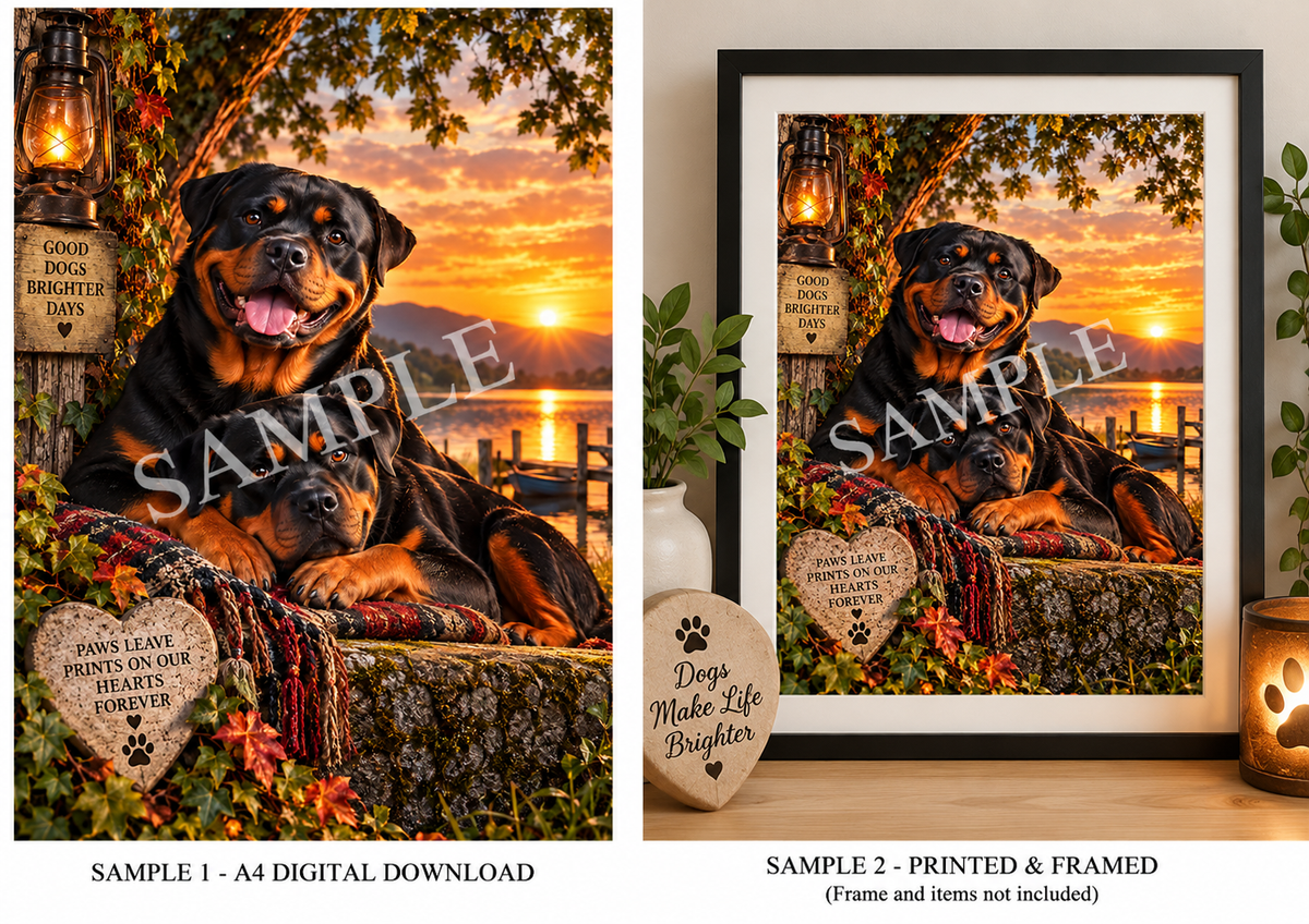 Rottweiler Wall Art Digital Download – Good Dogs Brighter Days – A4 Printable