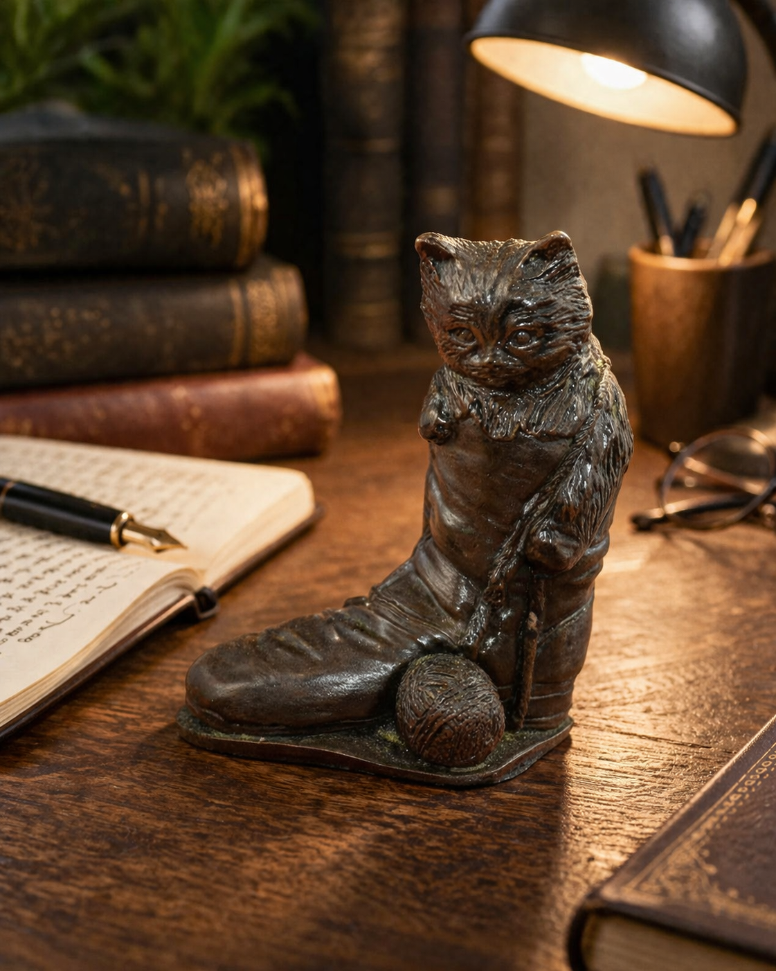 Vintage Brown Cat in Boot Figurine – Collectible Animal Ornament – Good Condition