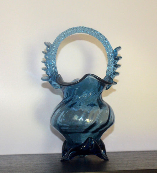 Captivating Sapphire Art Glass Basket – Twisted Handle Treasure
