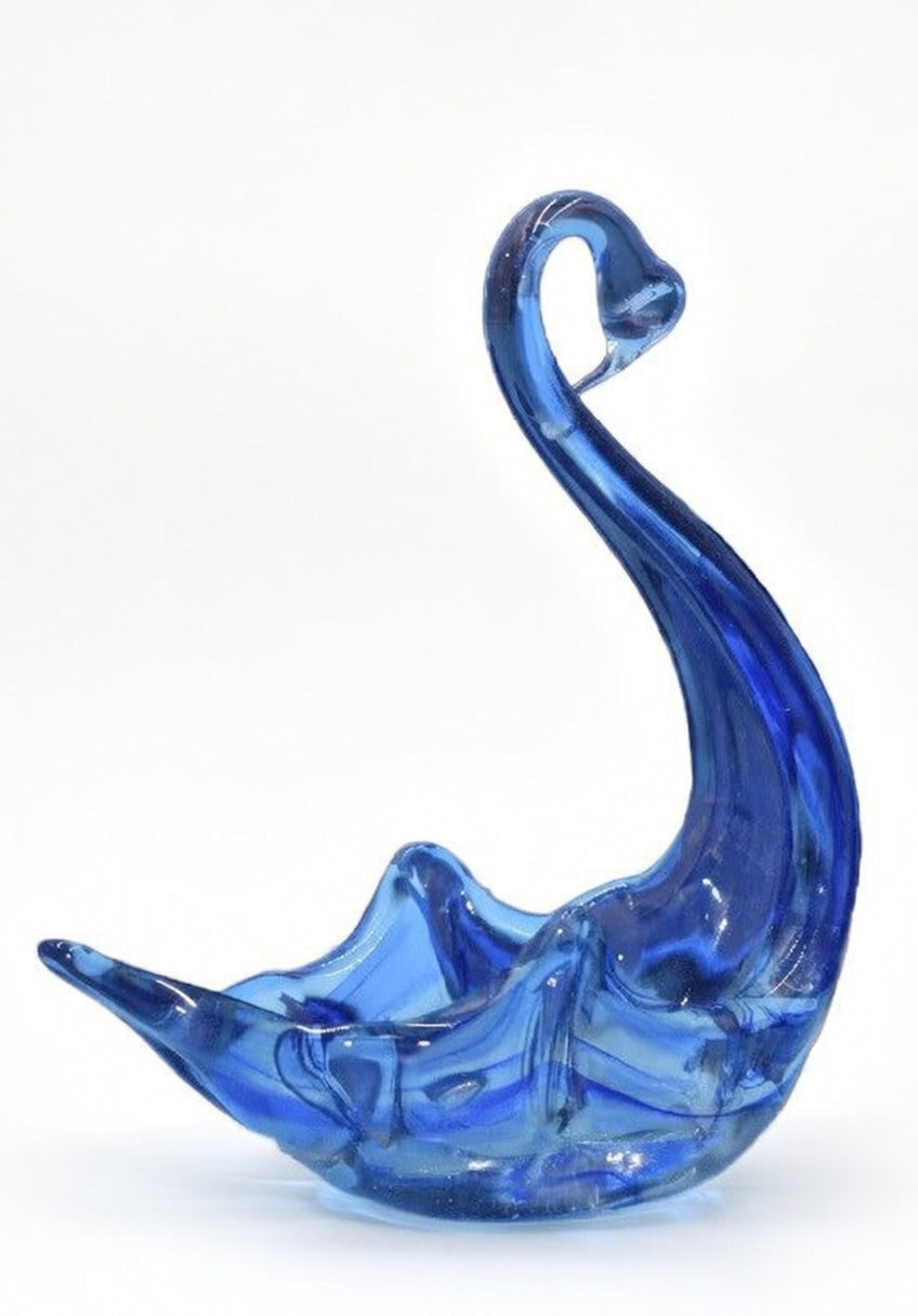 Blue Art Glass Swan Ornament – Decorative Glass Bird Figurine Dish