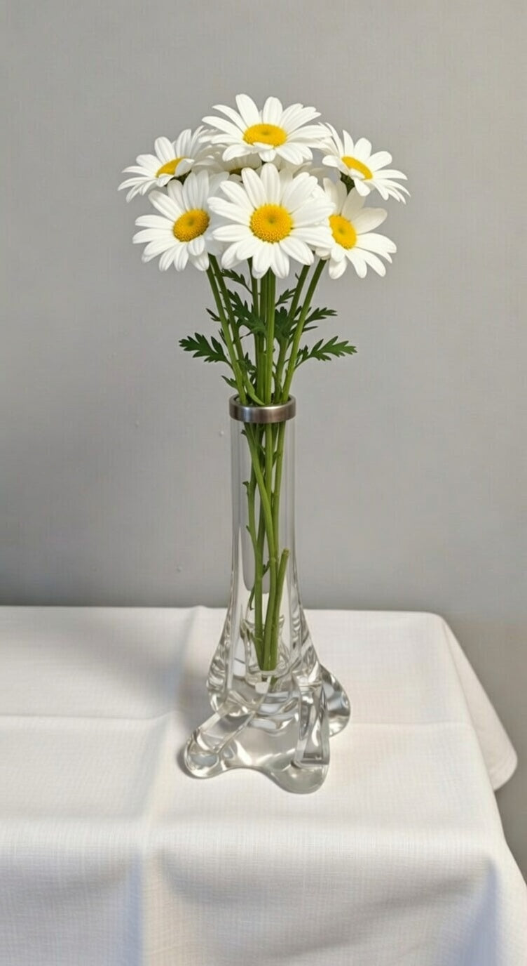 Clear Art Glass Bud Vase with Silver Rim – Decorative Glass Vase with Sculpted Base